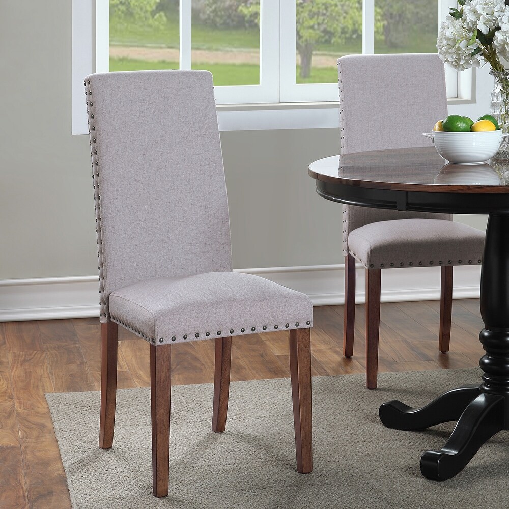 Linen Upholstered Seat Set of 2 Dining Chairs Fabric High back Chairs with Copper Nails   Wooden Legs Perfect for Restaurant