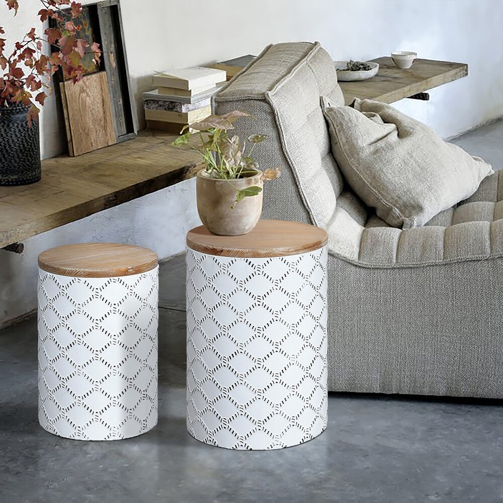 Set of 2 Metal Round Side and End Tables with Enclosed Storage