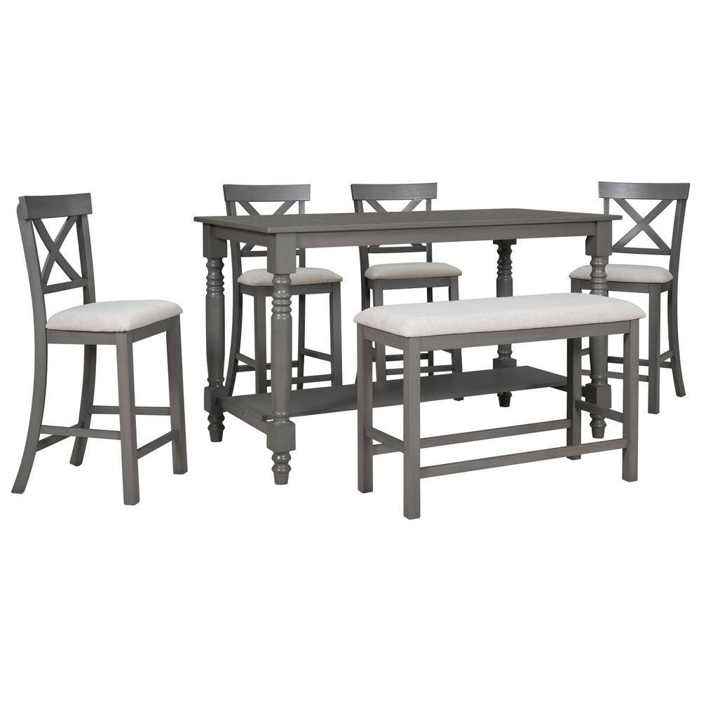 Qualler Gray 6-Piece Wood Top Dining Table with 4 Chairs and Bench DTM000064E