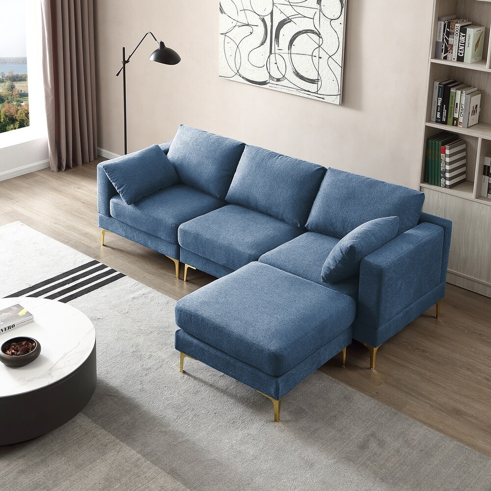 Modern 3 seat Sectional Sofas Set  Living Room Recliner Couch L Shaped Sectionals Sleeper Sofa with 2 Toss Pillows and Ottomans