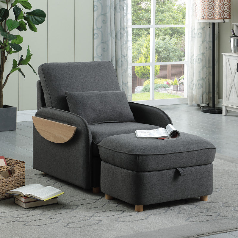 Huckleberry Dark Gray Linen Accent Chair with Storage Ottoman and Folding Side Table