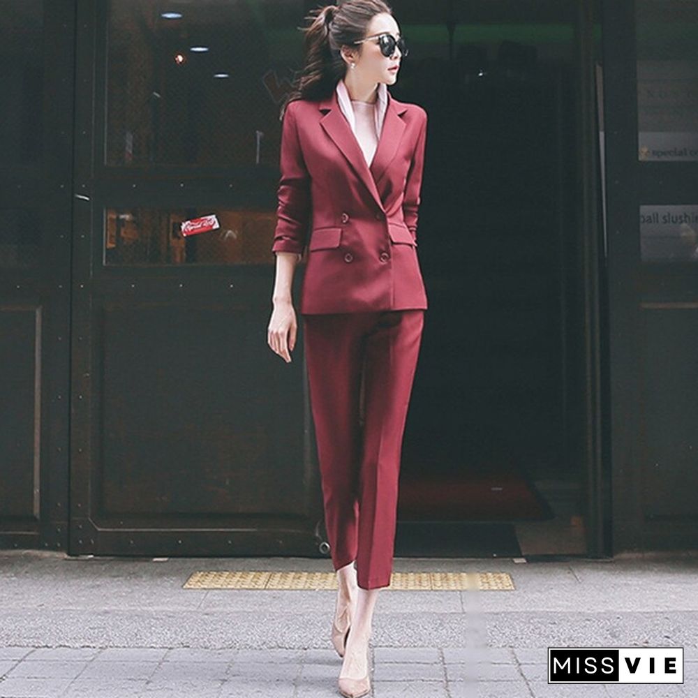 Fashion Two Pieces Sets Lapel Double Breasted Jacket And Slim Pant Suits Women Blazer Suits Office Ladies Outfits Business Set