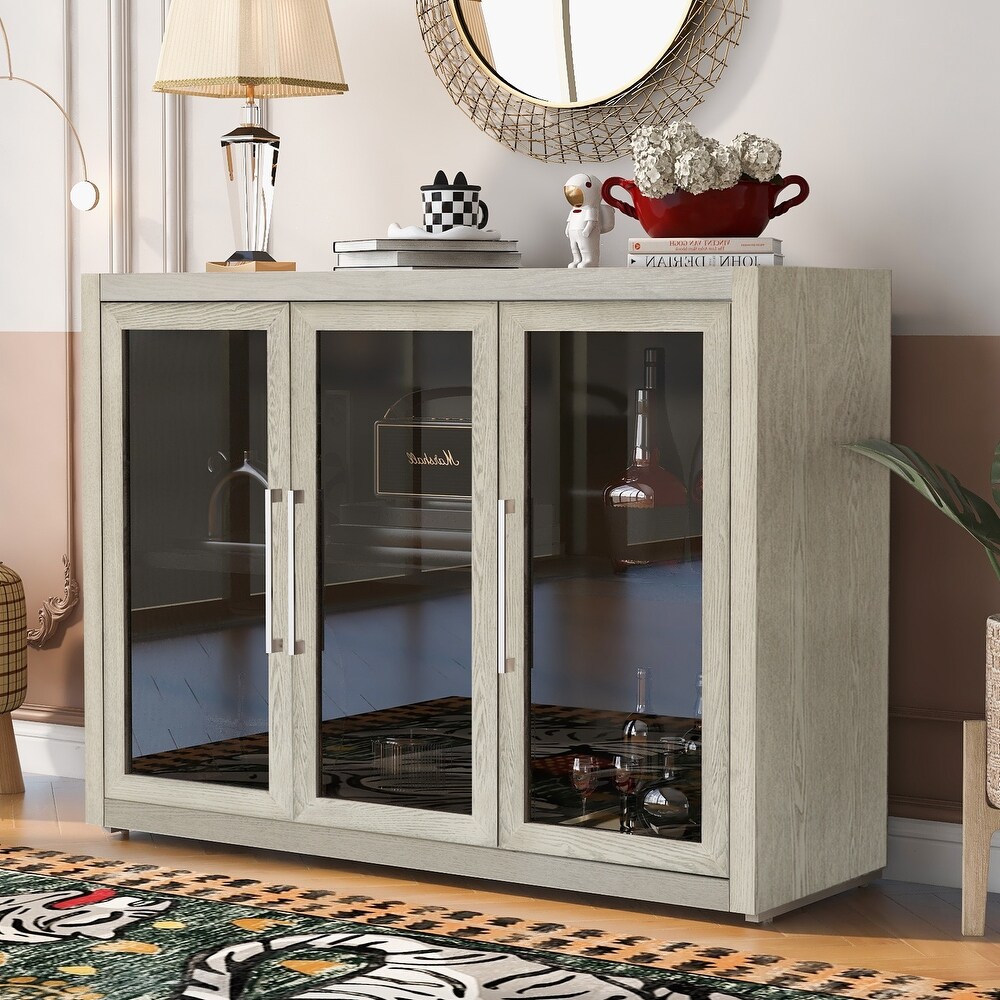 Wood Storage Cabinet with Three Tempered Glass Doors and Adjustable Shelf