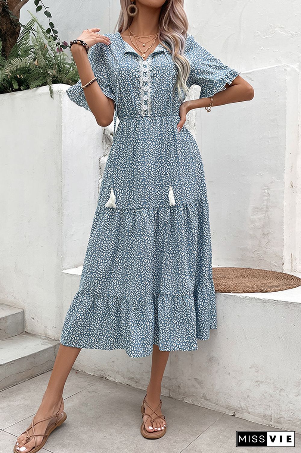 Puff Sleeves Tiered Splicing Printing Dress