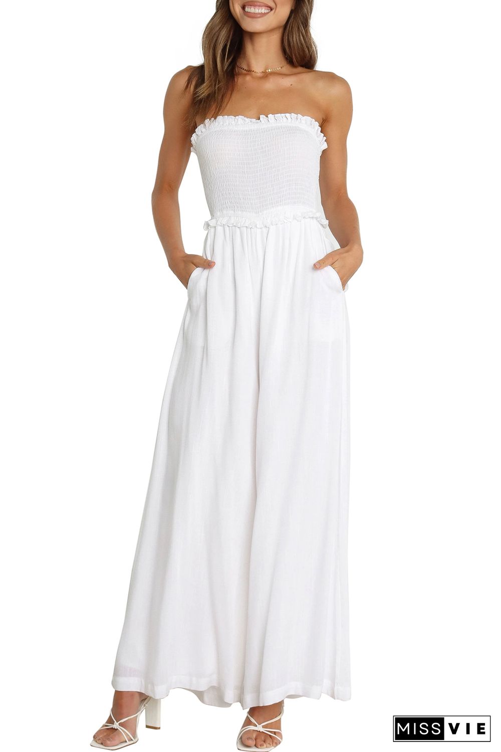 White Smocked Bandeau Wide Leg Jumpsuit