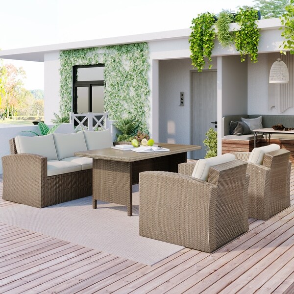 4-Piece Outdoor Wicker Sofa Set with 3-Seat Sofa， 2 Chairs and Dining Table - Overstock - 35972636