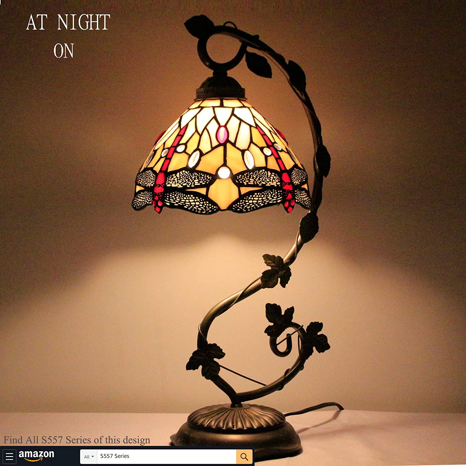 SHADY Tiffany Style Lamp Amber Stained Glass Dragonfly Table Lamp  Metal Leaf Base 8X10X21 Inches Desk Light Decor Small Space Bedroom Home Office S557 Series