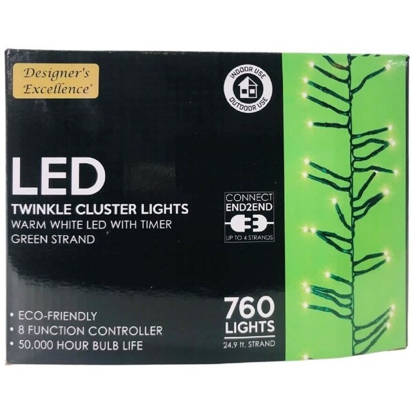 LED Twinkle Cluster Lights 24.9Ft White w/ Green Strand Connect End to End