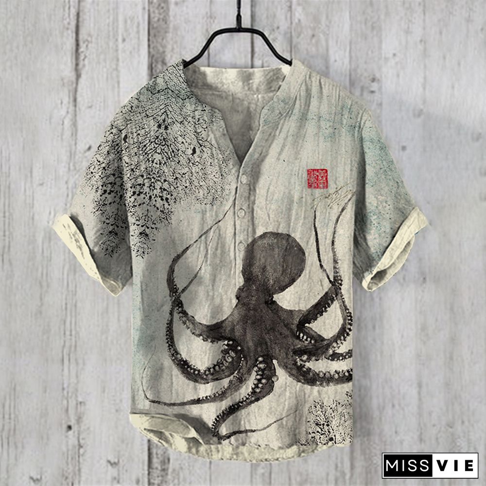 Japanese Art Inkjet Octopus Print Henry Collar Shirt