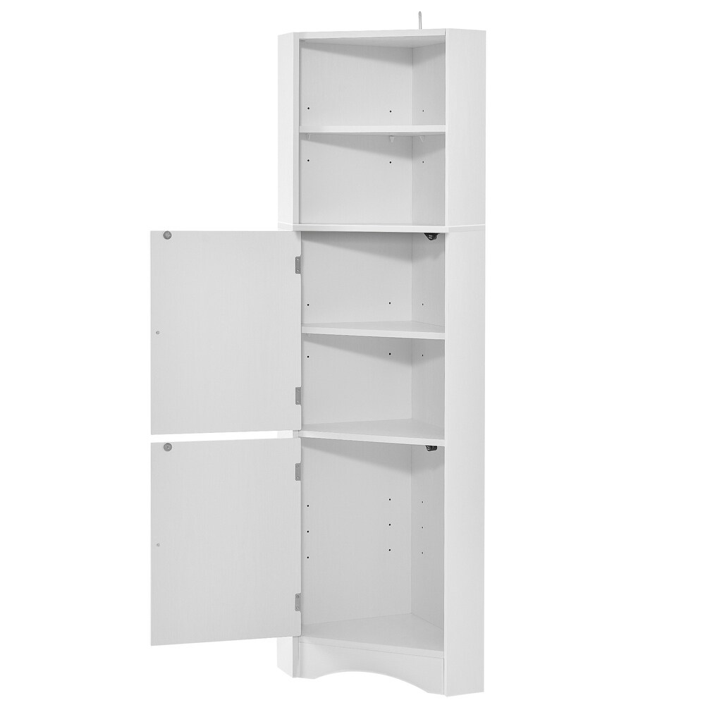 Tall Bathroom White Corner Cabinet  Freestanding Floor Storage Organizer Bookcase with Adjustable Shelves and Doors for Office