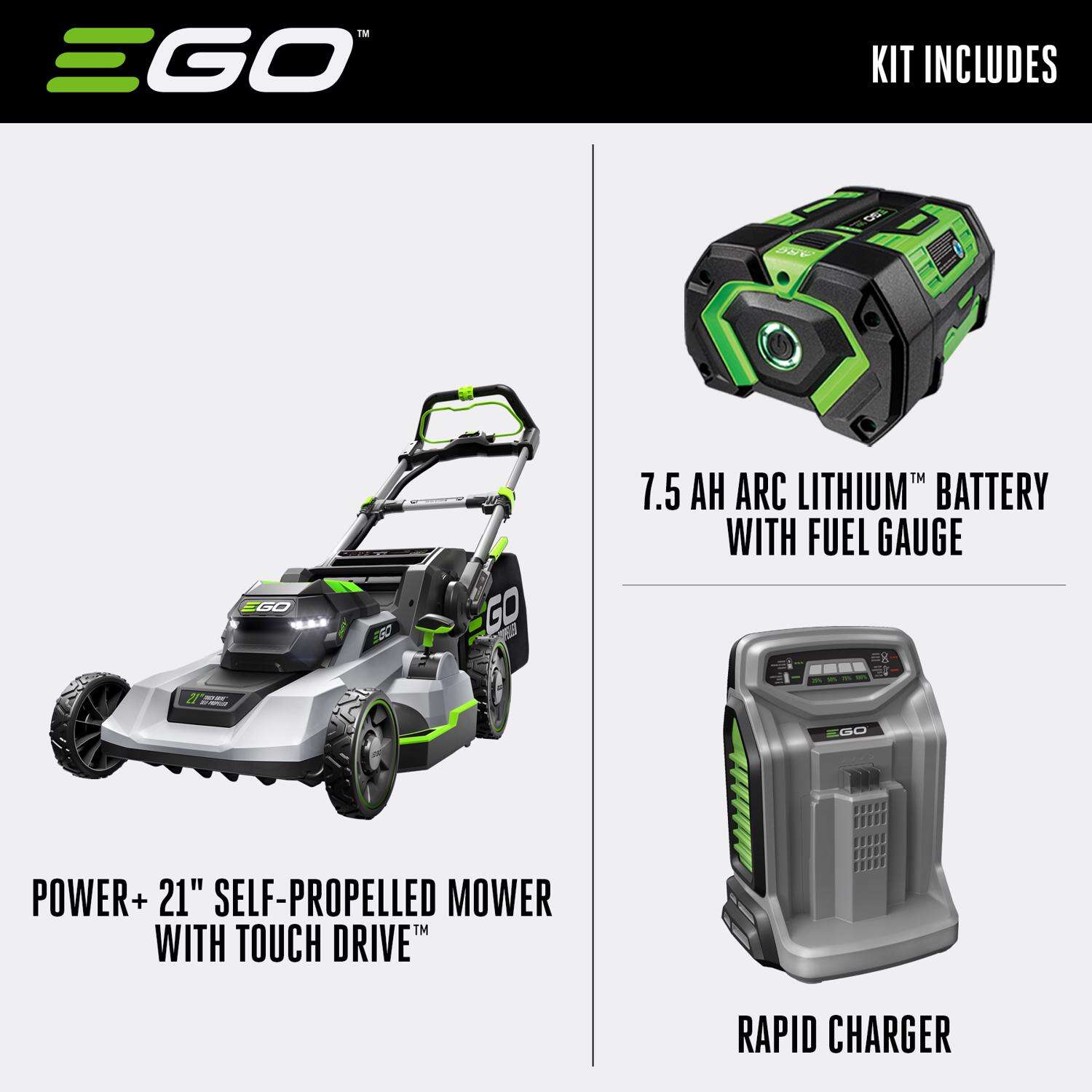 EGO Power+Touch Drive LM2125SP 21 in. 56 V Battery Self-Propelled Lawn Mower Kit (Battery and Charger) W/ 7.5 AH BATTERY