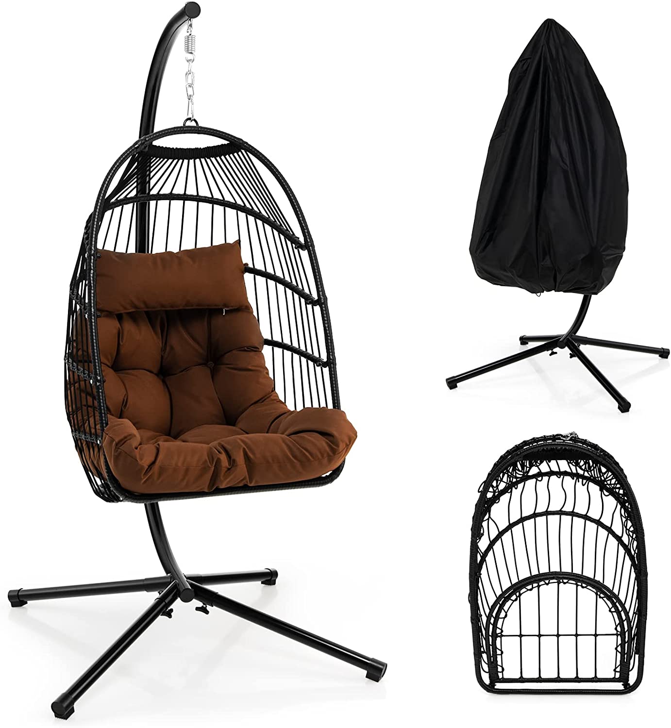 Giantex Egg Chair with Stand, Hanging Basket Chair Hammock Chair w/ Steel Stand Pillow Seat Cushion Rattan Basket & Dust Cover