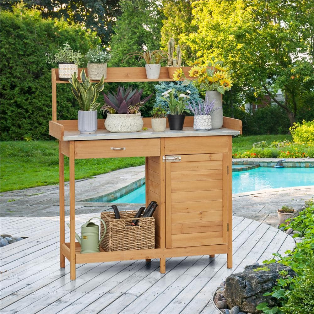 Yaheetech Outdoor Garden Potting Bench Table with Metal Tabletop Cabinet Drawer and Open Shelf DYqgk90001