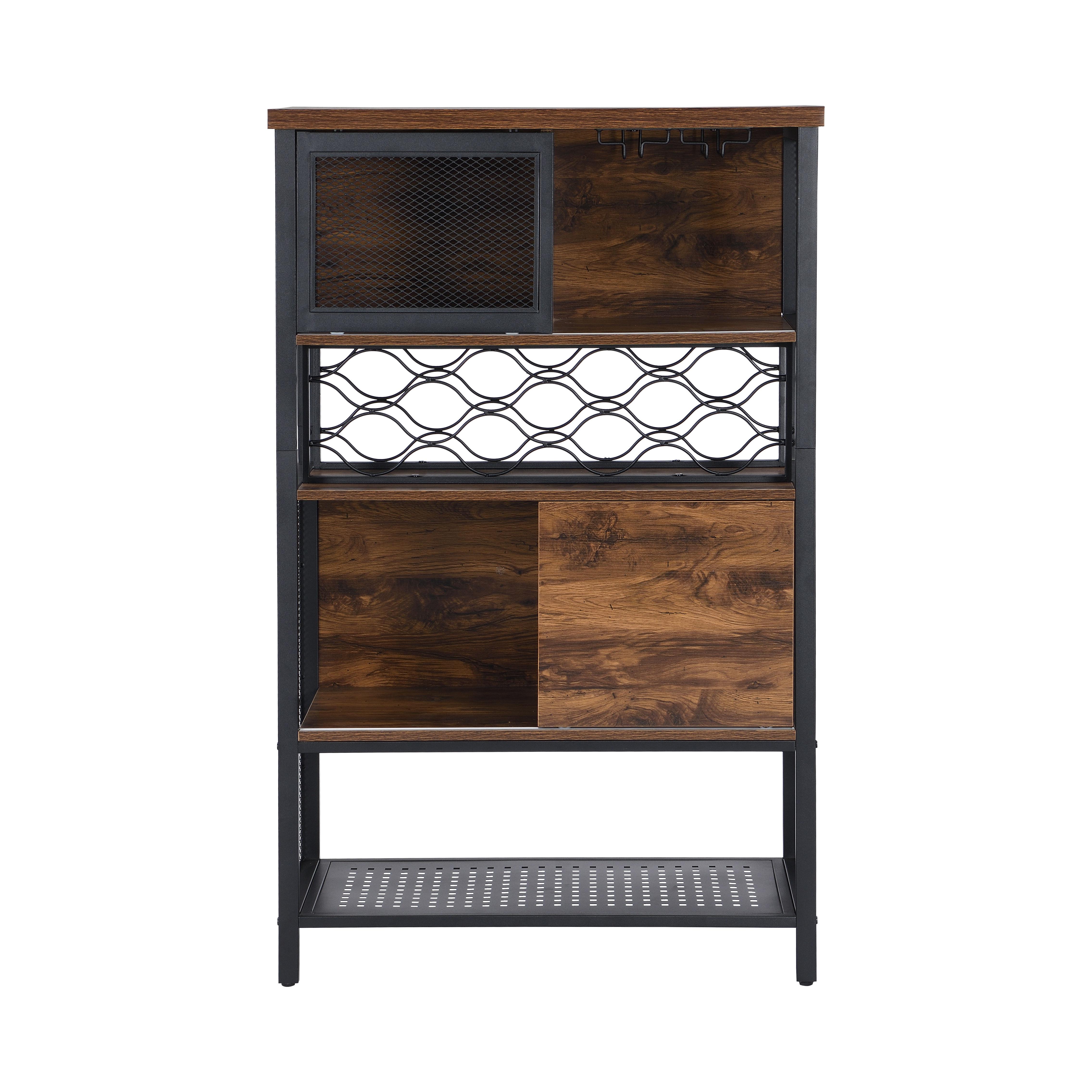 Brown Kitchen Storage Cabinet， Industrial Bar Cabinet with Wine Rack for Liquor and Glasses， 5-Tier Sideboard Buffet for Kitchen Dining Room with Sliding Door and Shelves