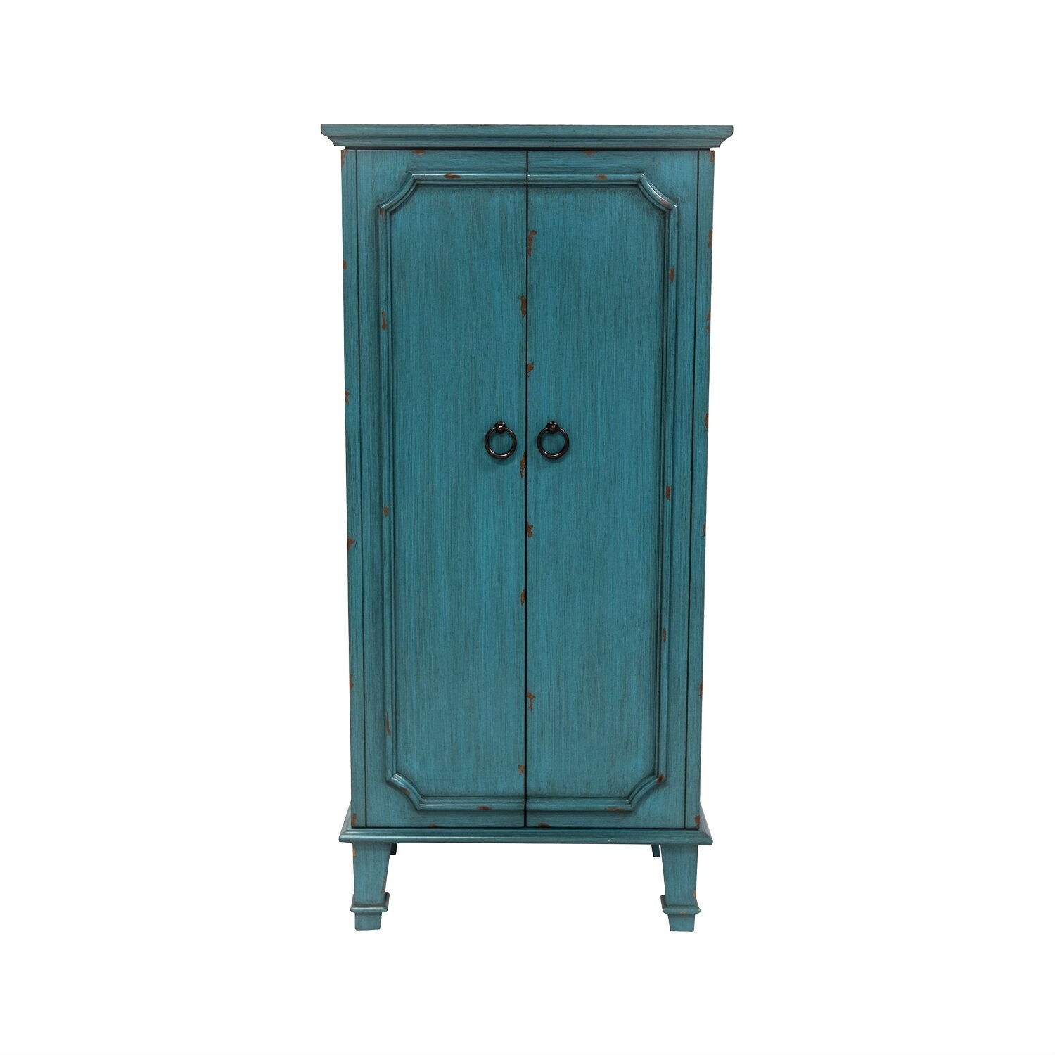 Vintage Turquoise Hand Painted Jewelry Armoire with Antique Drawer Pulls - 13.8 x 19 x 40 inches - - 37152595