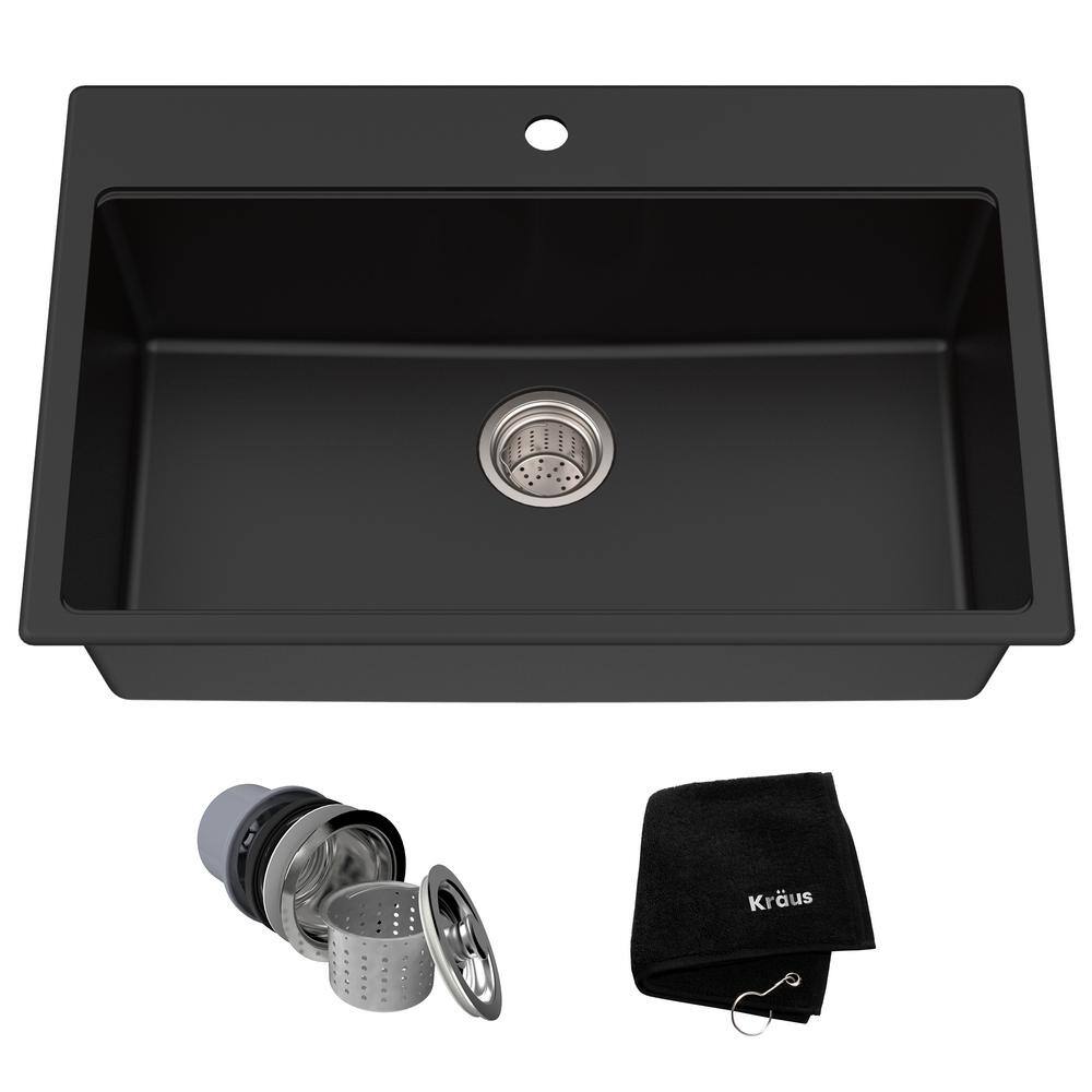 KRAUS Drop-inUndermount Granite Composite 31 in. 1- Hole Single Bowl Kitchen Sink Kit in Black KGD-412B