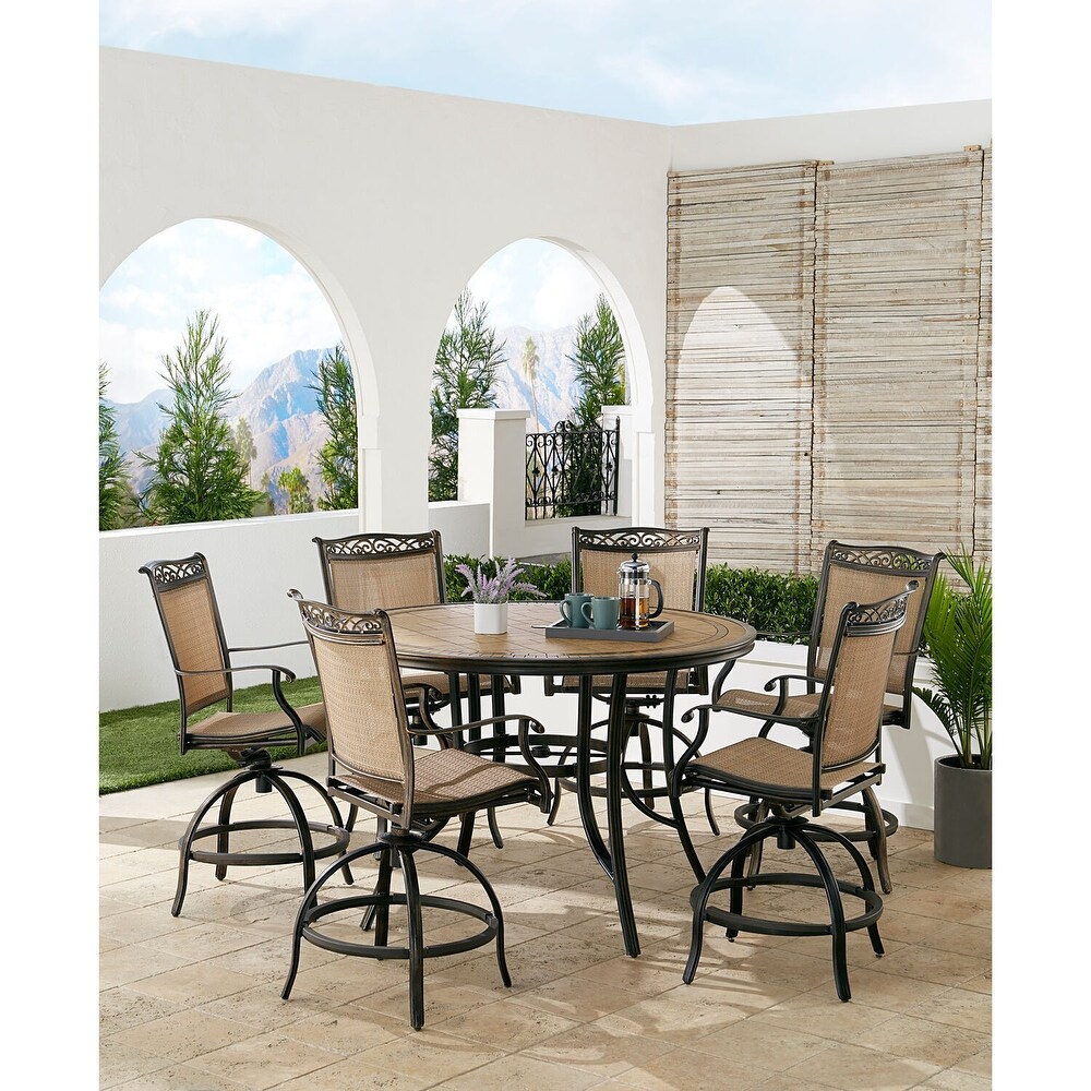 Hanover Fontana 7 Piece High Dining Set with 6 Counter Height Swivel Chairs and a 56 in. Tile Top Table