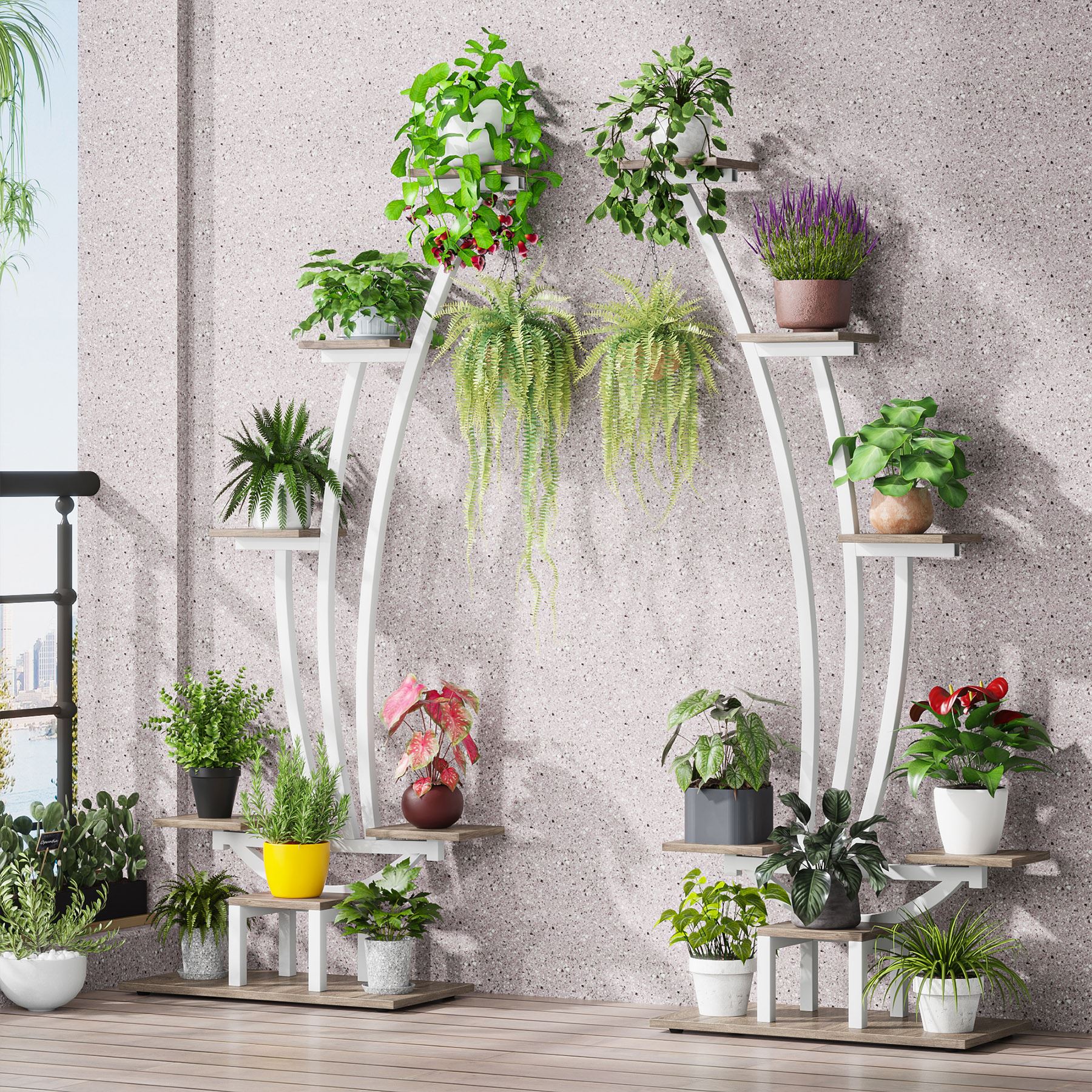 6-Tier Plant Stand Pack of 2, Metal Curved Display Shelf with 2 Hanging Hooks