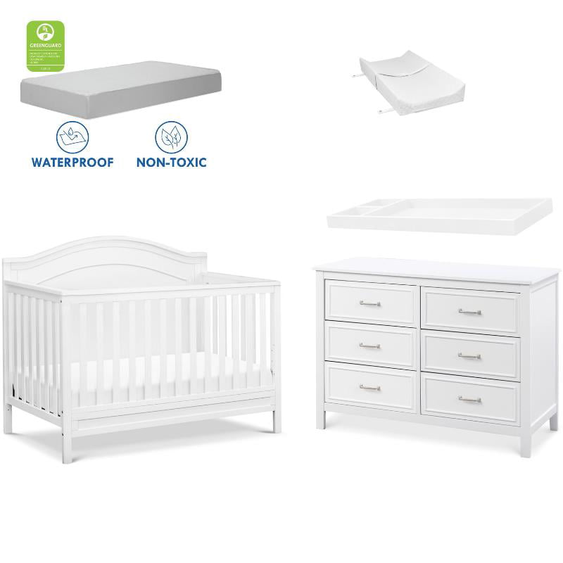 4-in-1 Convertible Crib and Dresser Changing Table Set with Mattress in White