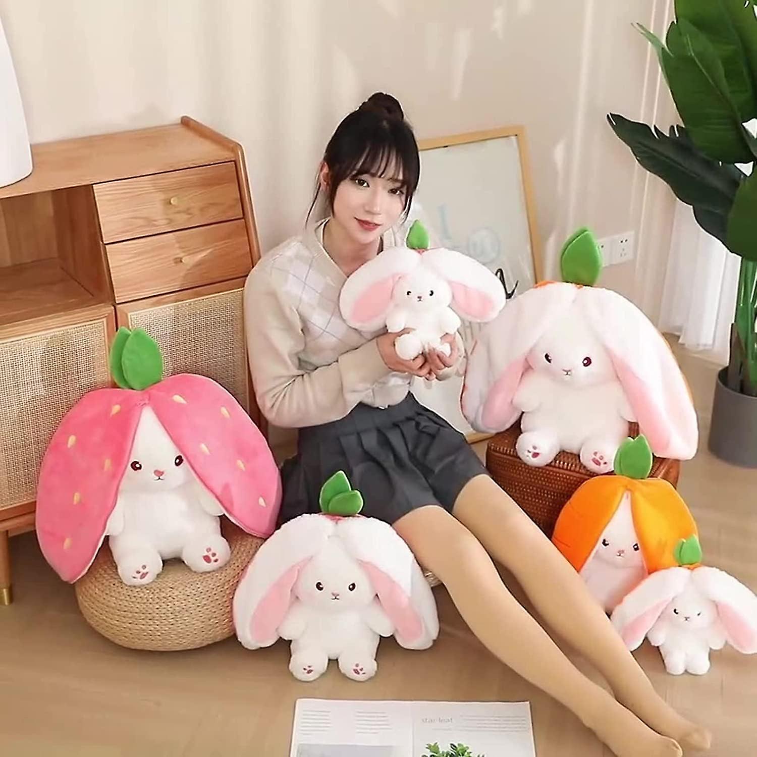 7 In，strawberry Bunny Transformed Rabbit Plush Zipper， Carrot That Turns Into Ears Bunnies Plushies Toy Cute Stuffy Doll Easter Gift