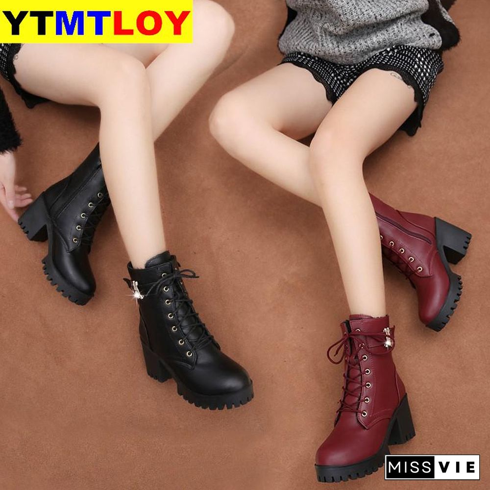 Hot Lace Up Zip Pu Leather Short Booties Black Ladies Shoes Platform Autumn Fashion Women Boots High Heels Platform Buckle