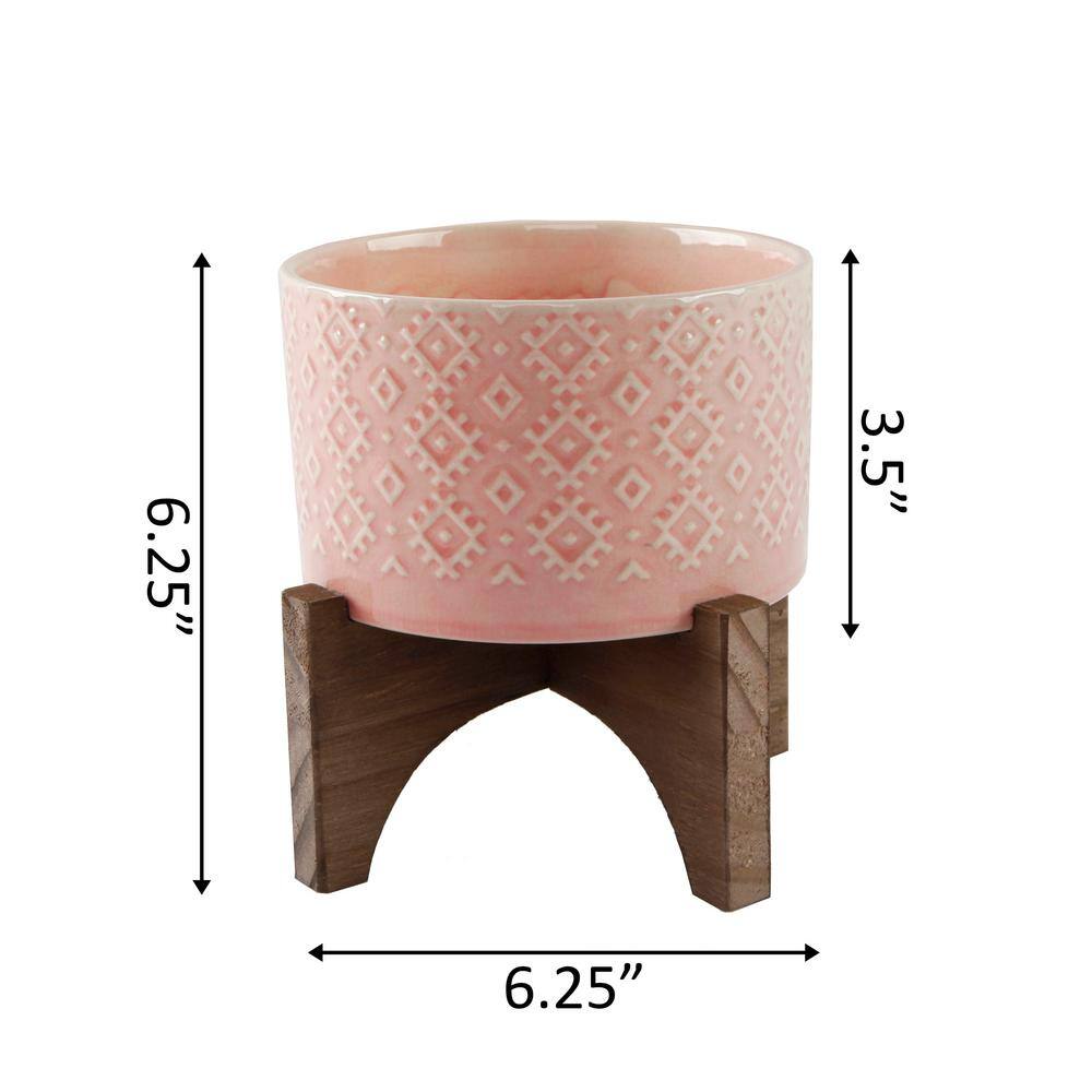 Flora Bunda 5 in. Pink India Ceramic Planter on Wood Stand Mid-Century Planter CT902E-PK