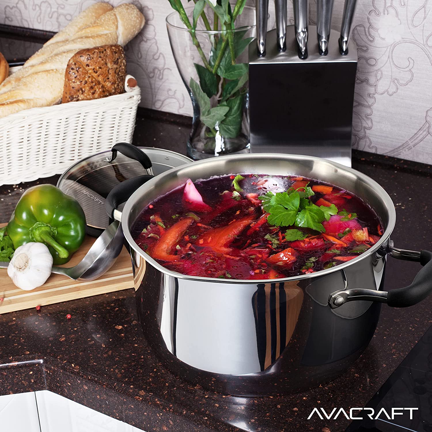 AVACRAFT Tri-Ply Stainless Steel Stockpot with Glass Strainer Lid， Side Spouts， 6 Quart Pot， Multipurpose Stock Pot， Sauce Pot (Tri-Ply Full Body， 6 QT)