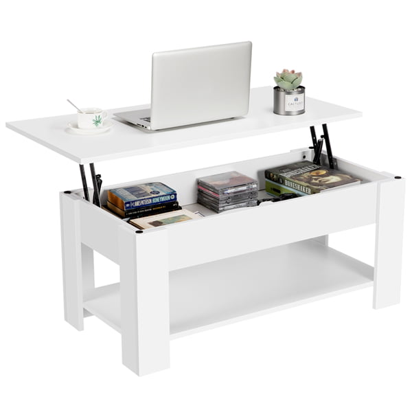 Easyfashion Modern Wood Lift up Top Coffee Table with Storage Shelf, White Finish