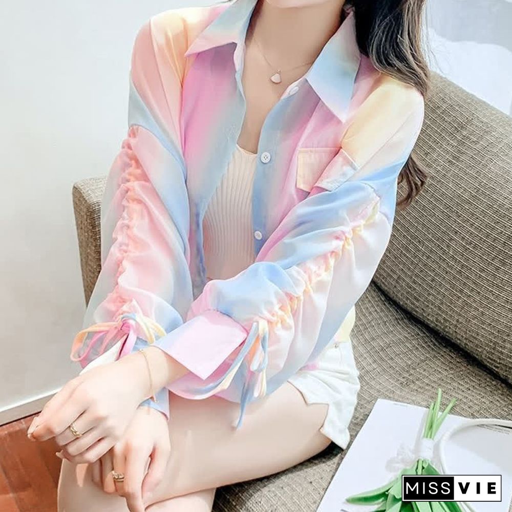 Casual Rainbow Print Drawstring Sleeve Crop Shirt