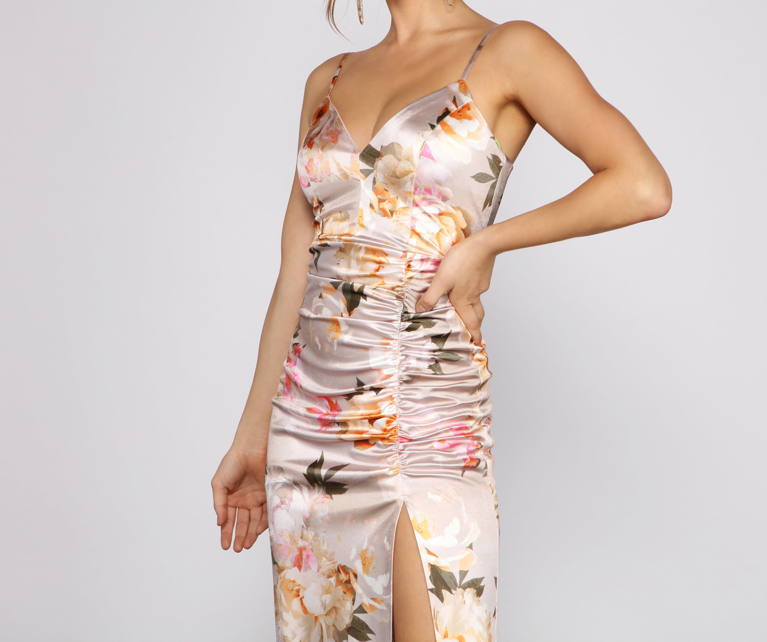 Taylor Satin Floral High-Slit Dress