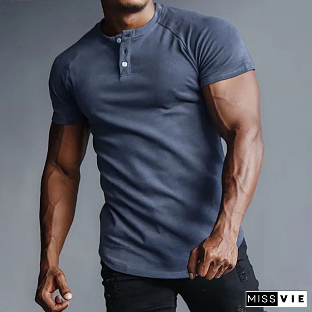 Men's Outdoor Casual Solid Color Henley Collar Bottoming Shirt Sports Fitness Running Slim Short-sleeved T-shirt