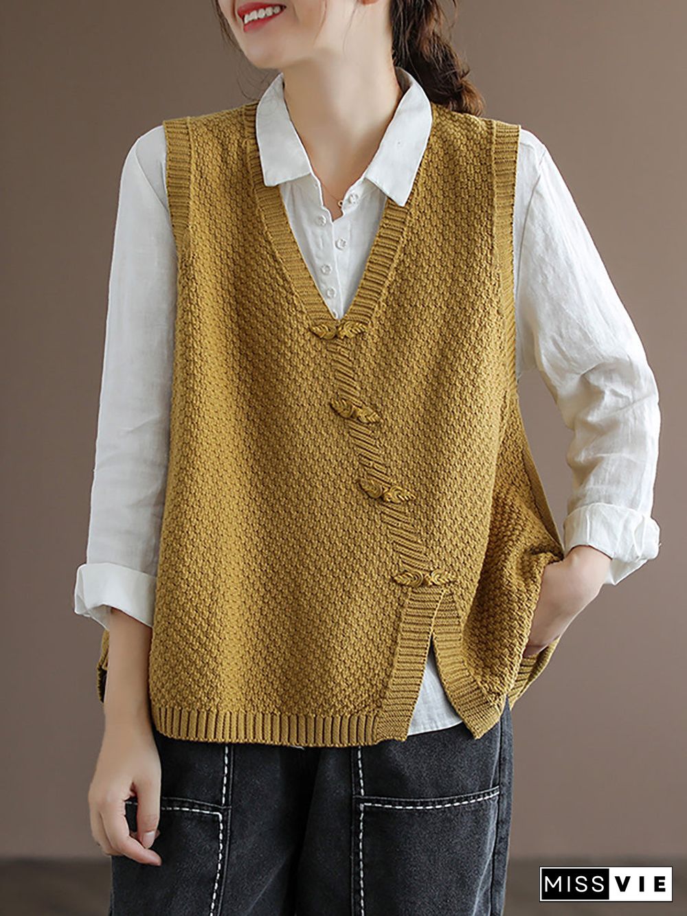 Plus Size Women Button Knitted Vest Waistcoat Sweater