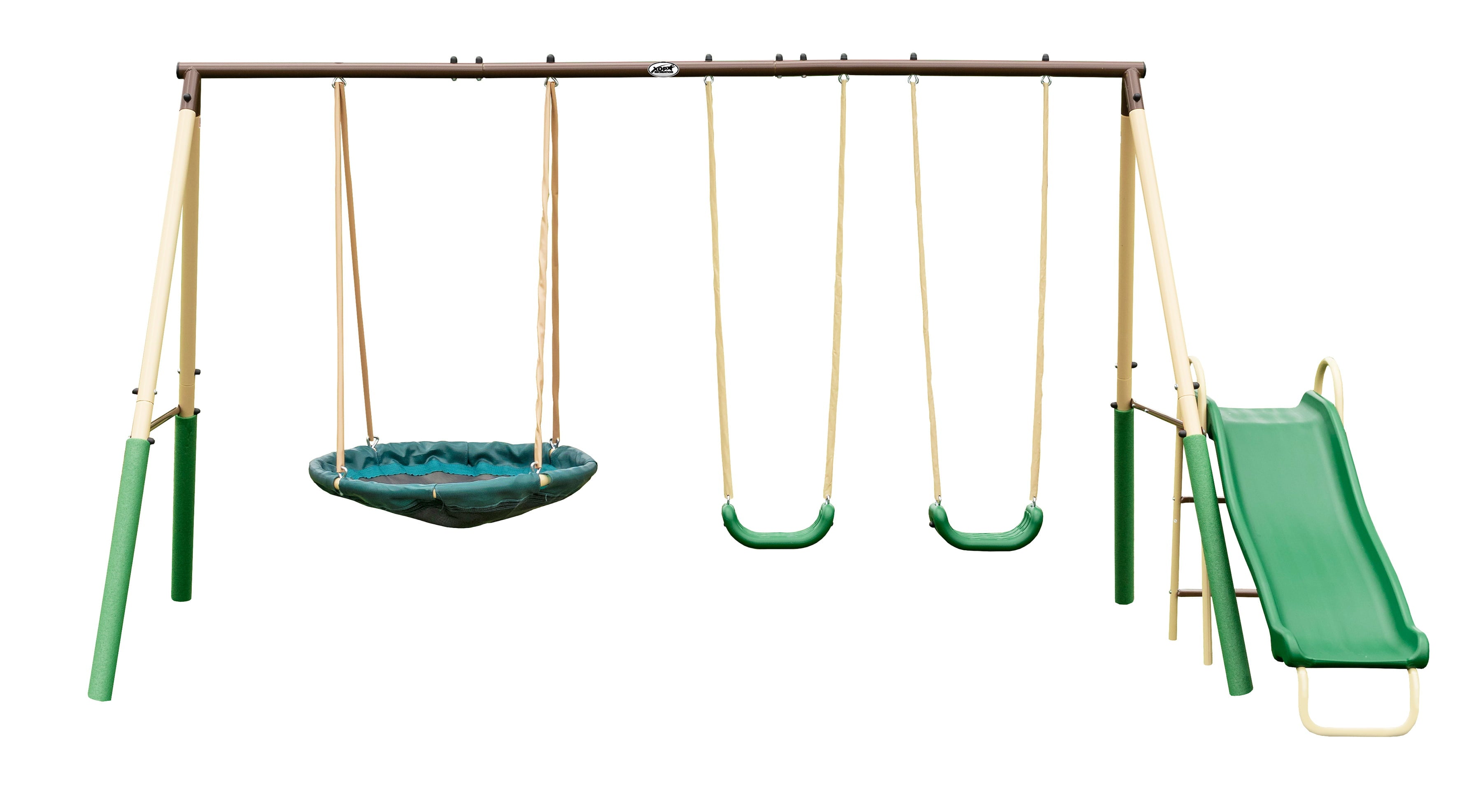 XDP Recreation Super Disc Swing™ Set with Steel Constructed Frame， Swings， and Slide