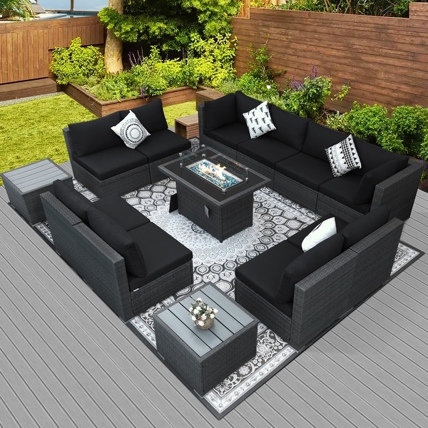 Nicesoul Outdoor Grey Wicker Sectional Furniture Patio Sofa Set with Firepit Table