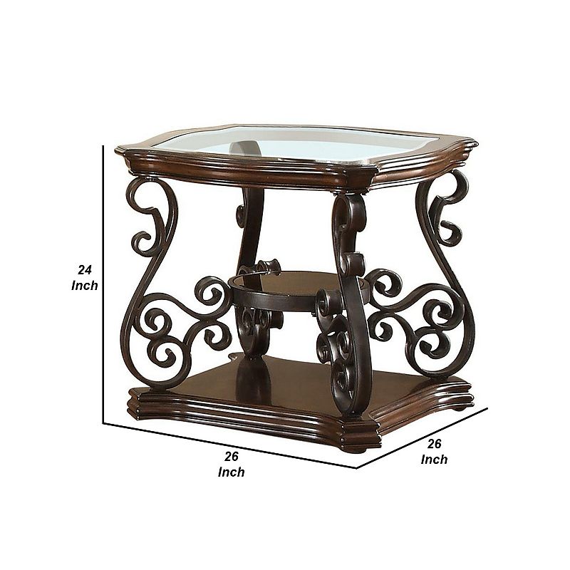 Traditional Solid End Table With Glass Inset， Metal Scrolls and 2 Shelves， Brown