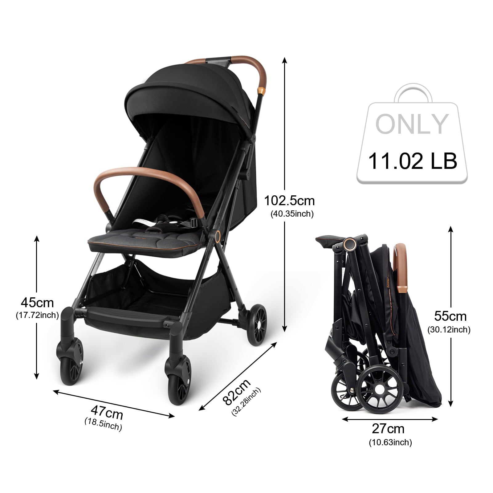 Besrey Lightweight Baby Stroller with Gravity Self-Folding, Compact Travel Stroller with Full-Size Canopy & Storage for 0-3 Years Infants, Black