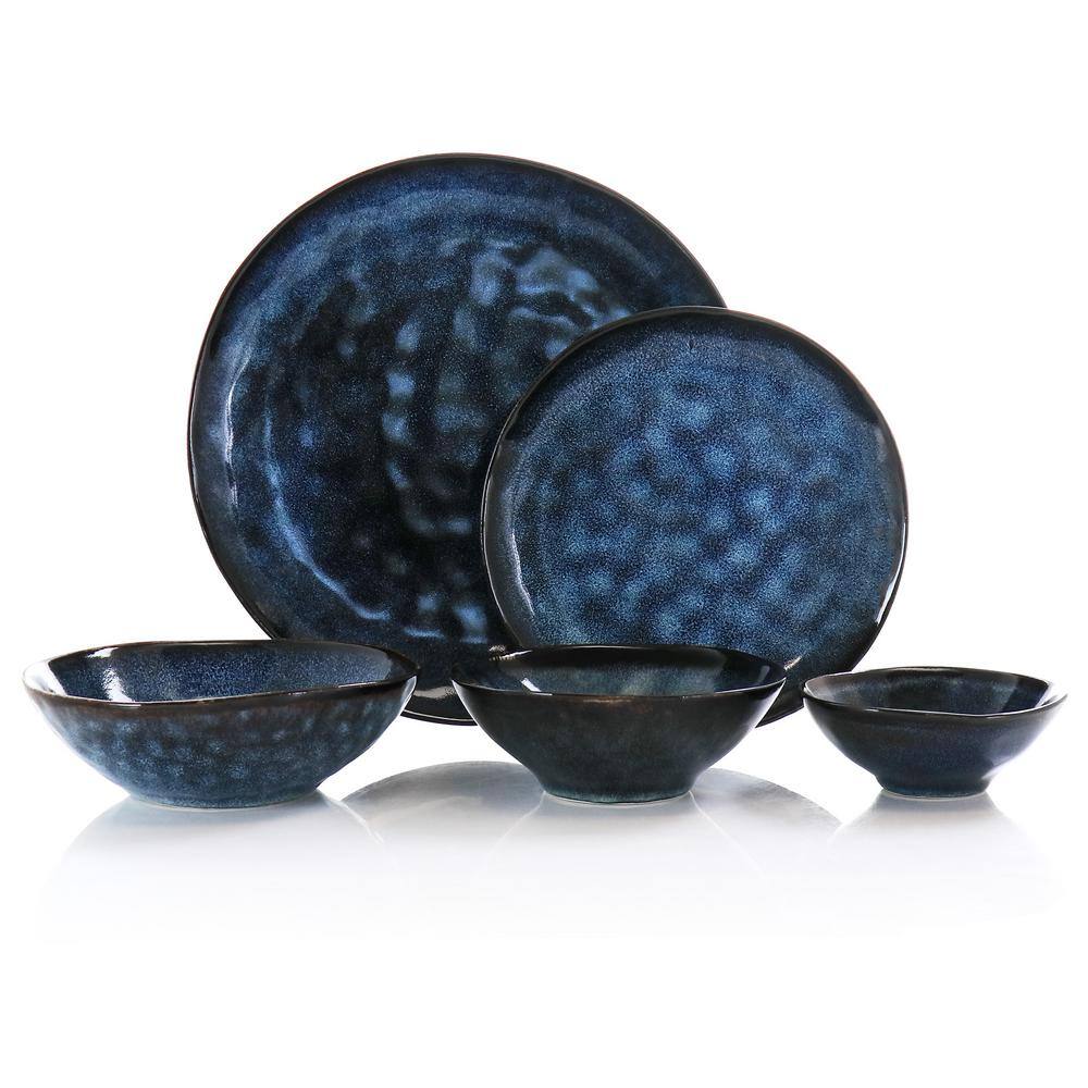 Elama Lucca 20-Piece Blue Round Stoneware Triple Bowl Dinnerware Set 985115043M