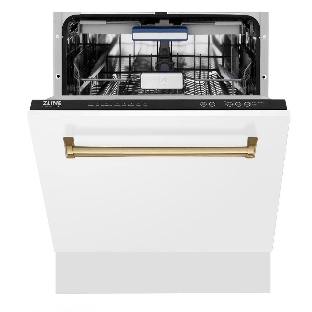 ZLINE Kitchen and Bath Autograph Edition 24 in. Top Control 8-Cycle Tall Tub Dishwasher w 3rd Rack in Matte White  Champagne Bronze DWVZ-WM-24-CB