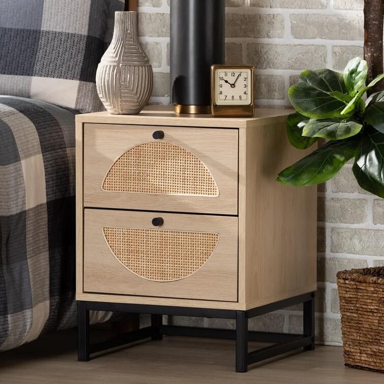 Modern Minimalism Rattan Nightstand  Wood Bedside Table with Two Drawers  Boho End Table  Side Table for Living Room  Bedroom