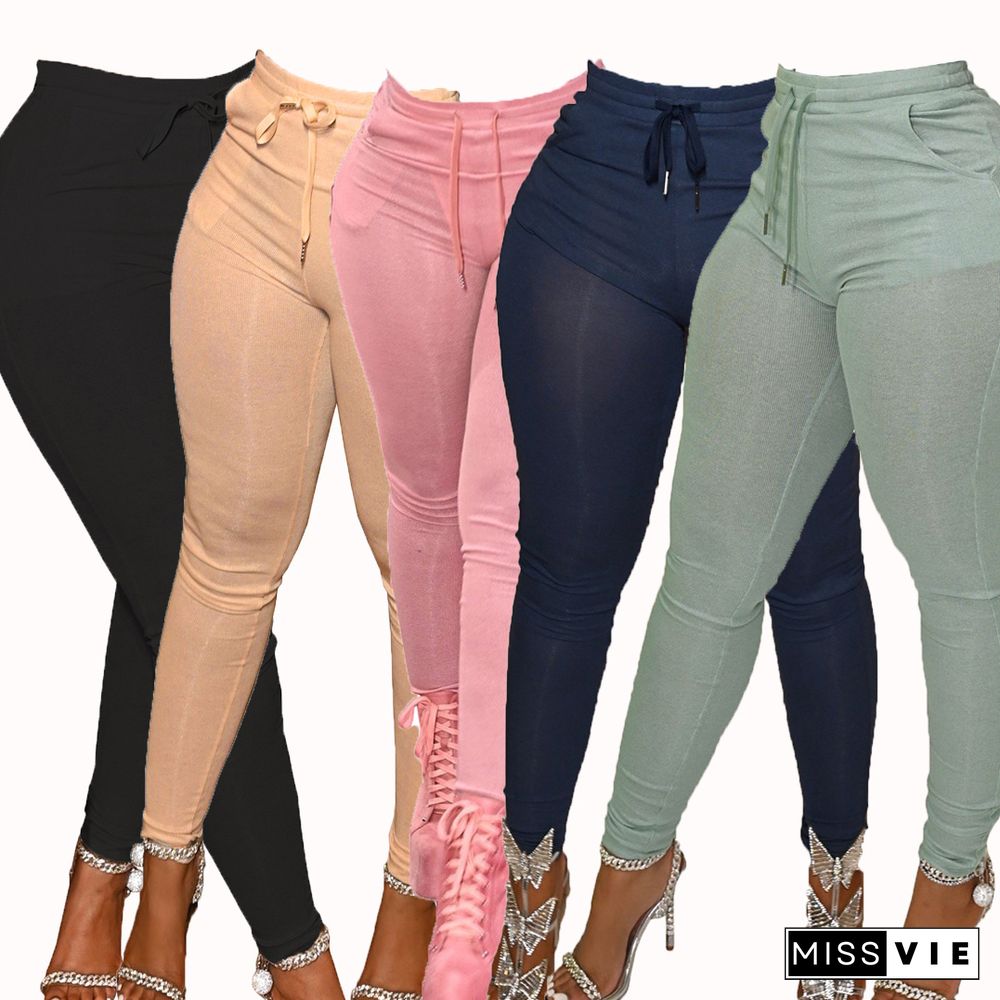 Solid Mid Waist High Stretch Skinny Drawstring Pants