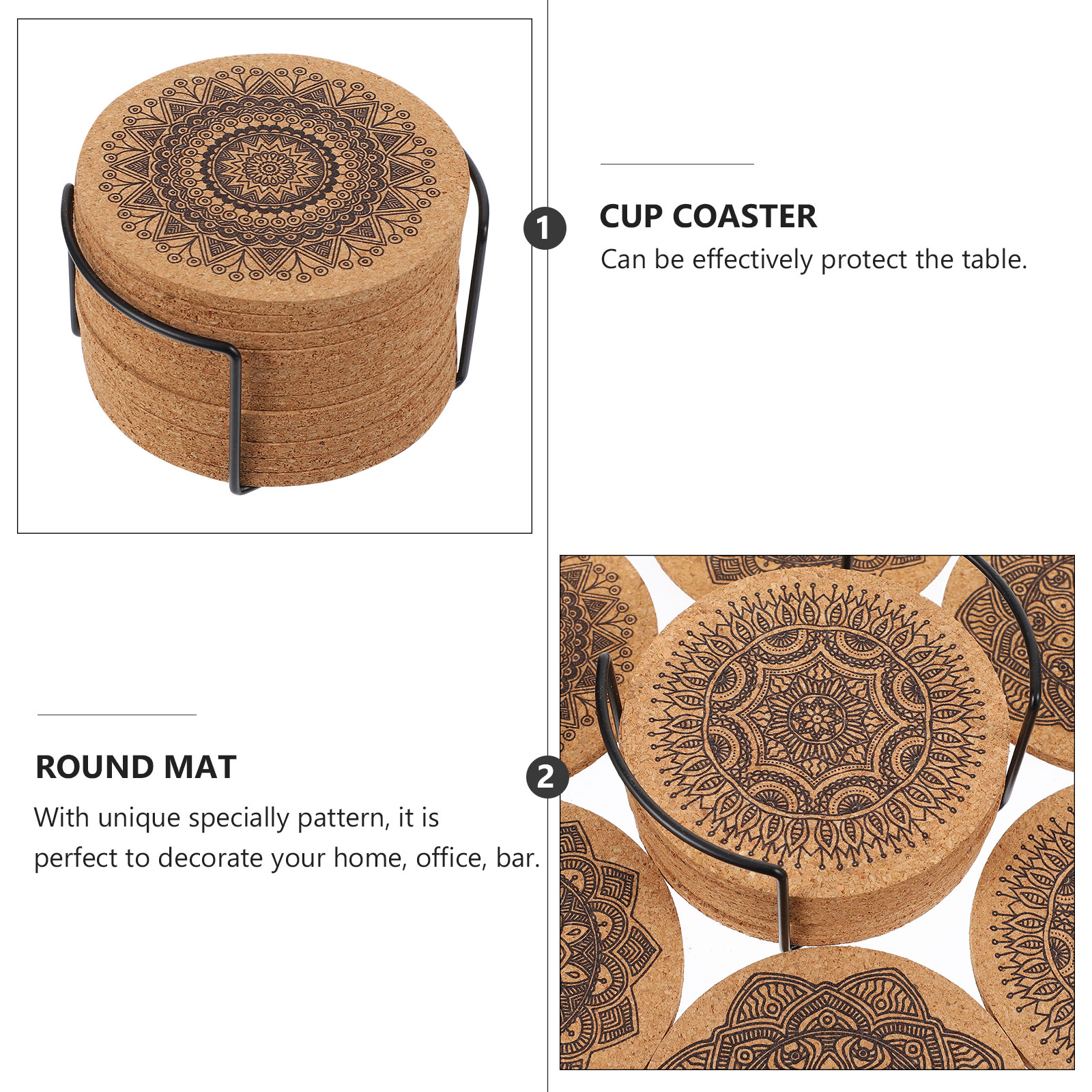 Homemaxs 1 Set Creative Nordic Mandala Design Round Shape Wooden Coasters with Rack