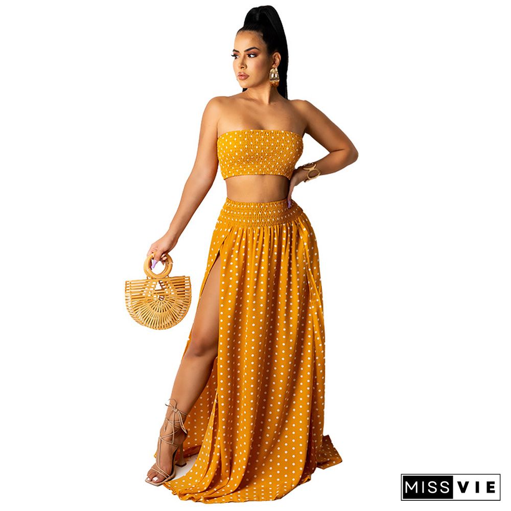 Women Polka Dots Print Strapless Crop Top High Split Maxi Skirt Summer Vacation Two Piece Dress Set