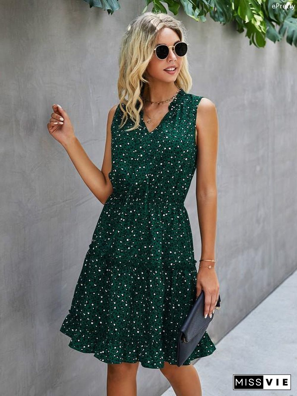 Sleeveless Polka Dot V Neck Lace Mini Swing Skater Dress