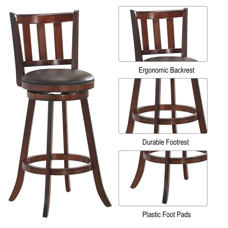 2-Pack Wood Swivel Bar Stools Counter Height Kitchen Dining Chairs Pub Stools with Soft Leather Seat