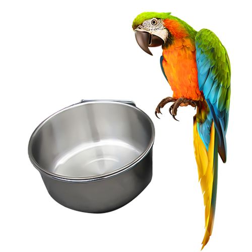 AkoaDa Bird Feeding Dish Cups， Parrot Food Bowl Clamp Holder - Stainless Steel Coop Cup， Bird Cage Water Bowl for Parakeet African Greys Conure Cockatiels