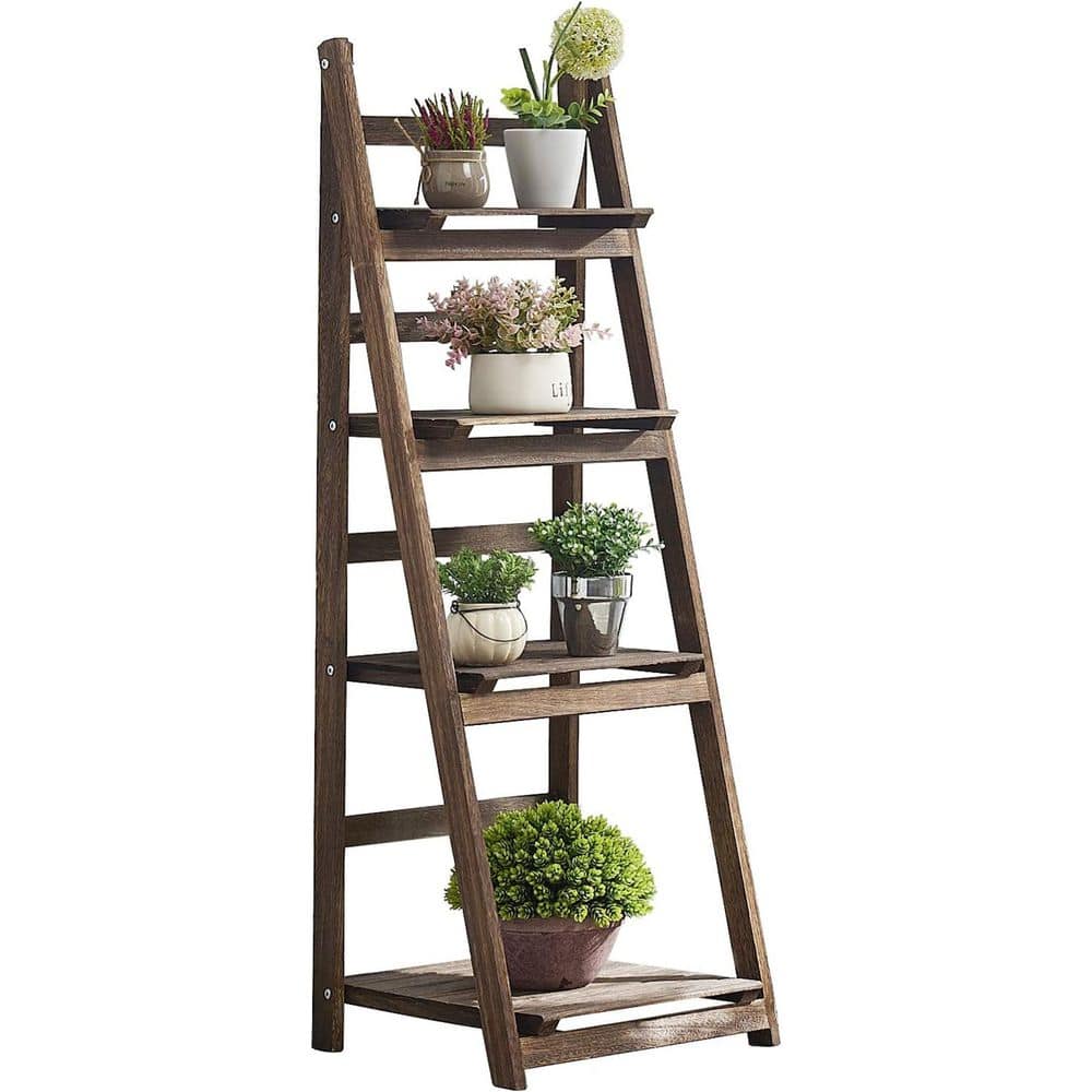 Dyiom 45 in. Outdoor Brown Foldable Ladder Shelf Patio Rustic Wood Plant Stand with Shelves (4-Tier) B07DW5N888