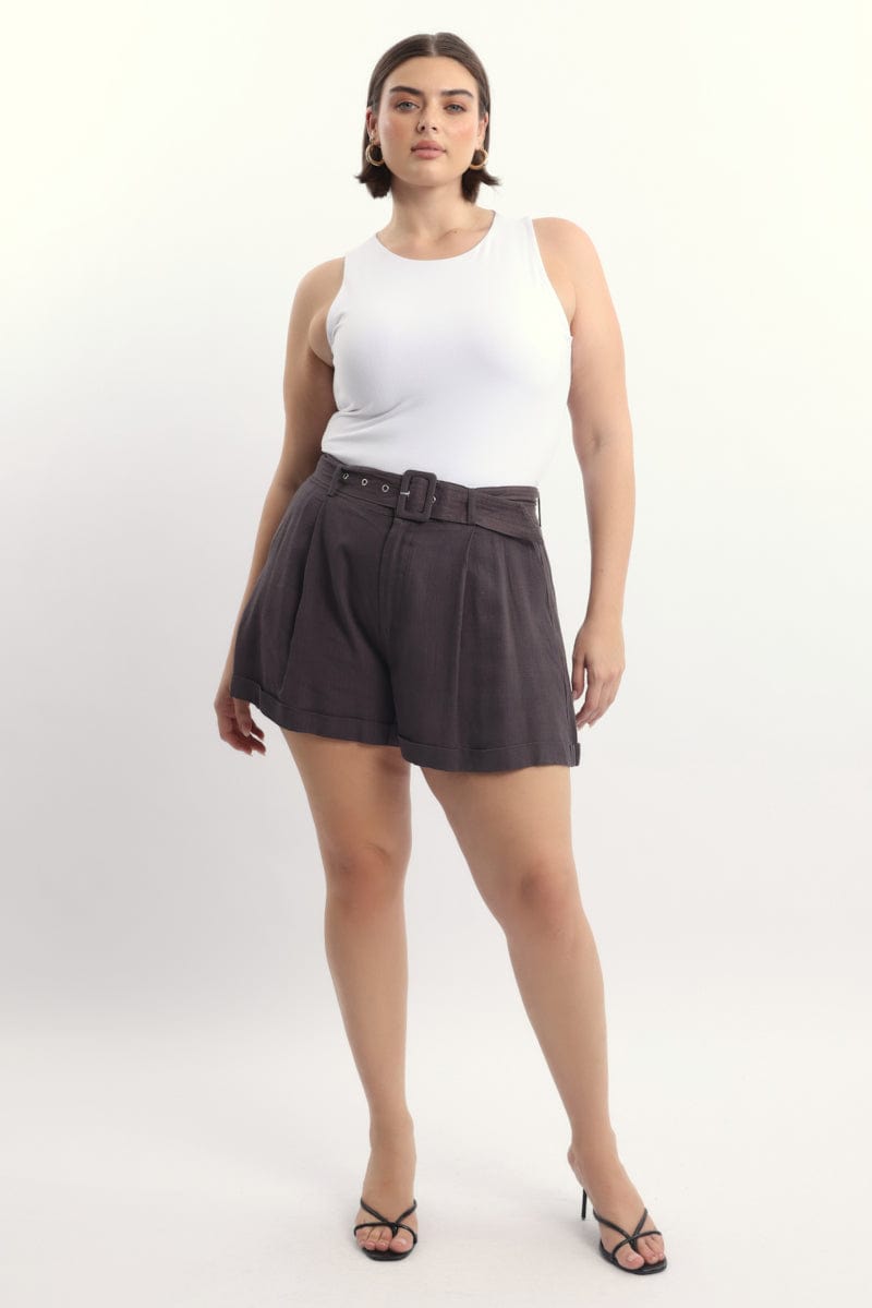 Brown Belted Linen Blend Shorts
