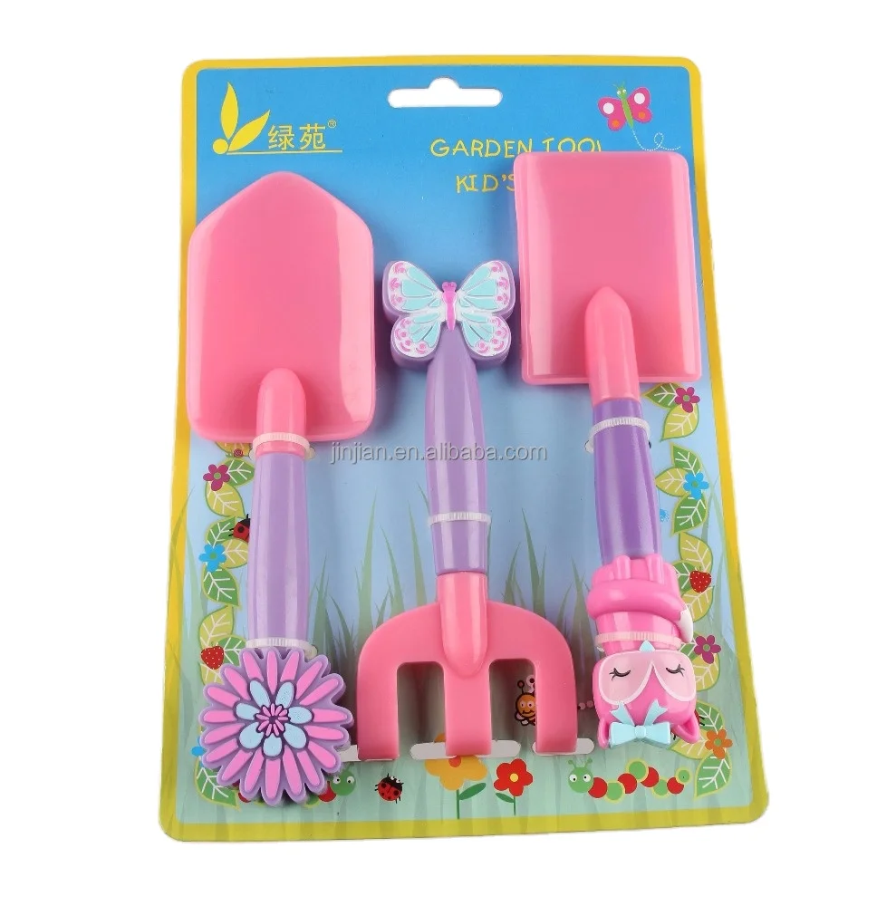 Plastic toy set 3 piece new flower handle hardware tools garden shovel rack tools