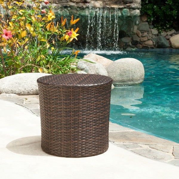 Outdoor Wicker Barrel Side Accent Table， Brown