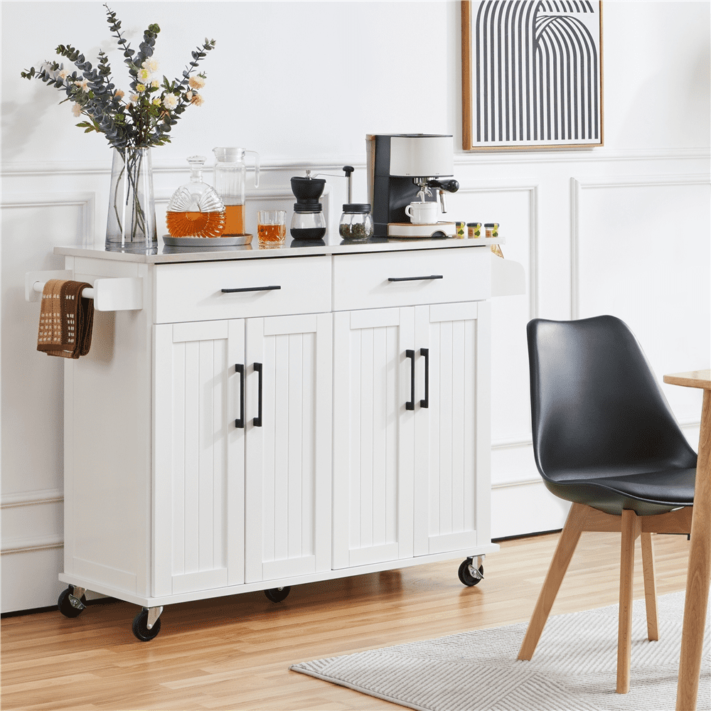 SMILE MART Large Kitchen Island on Wheels with Storage Drawers and Cabinets， White